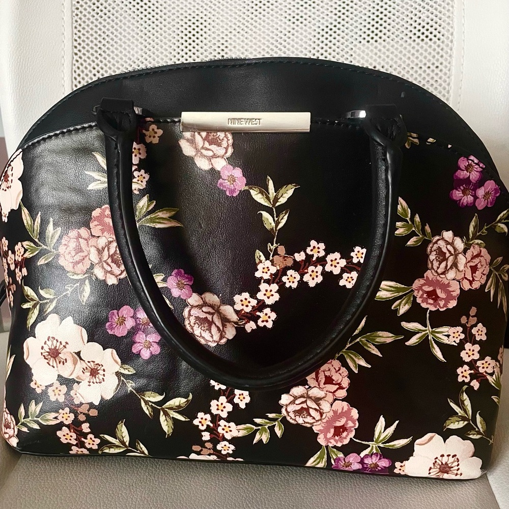 Nine West Black Floral Dome Satchel with Pink and Cream Flowers